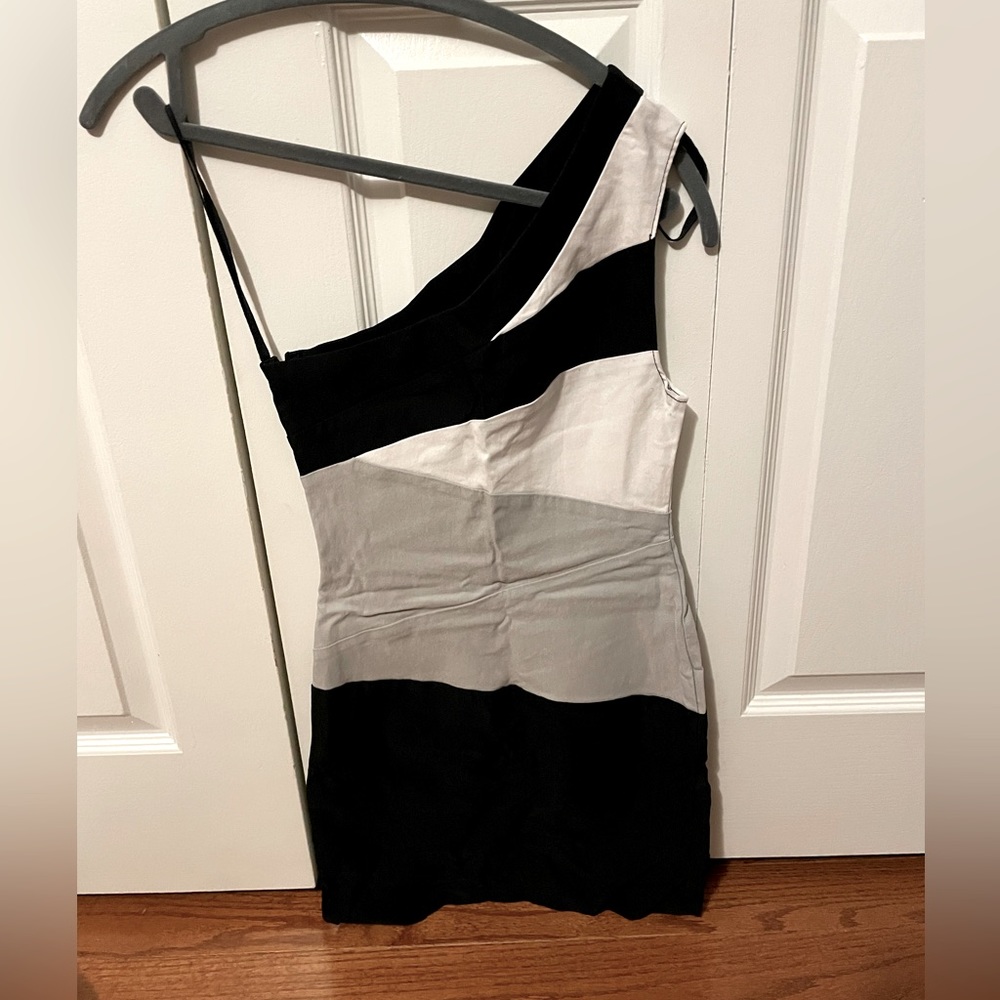 One shoulder black, white, gray block mini dress size S